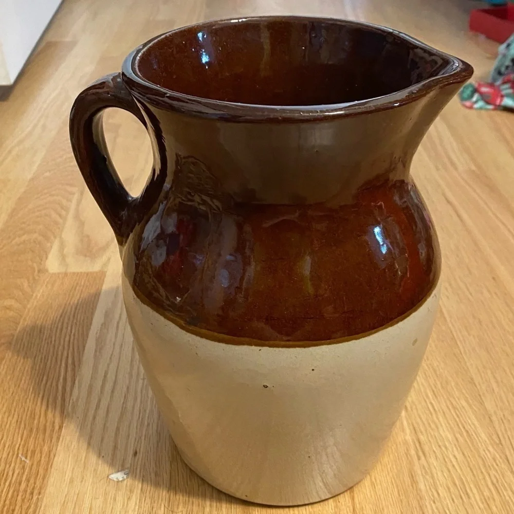 Vintage Stoneware Pottery Pitcher USA Brown Tan Crock Farmhouse Water Jug Milk